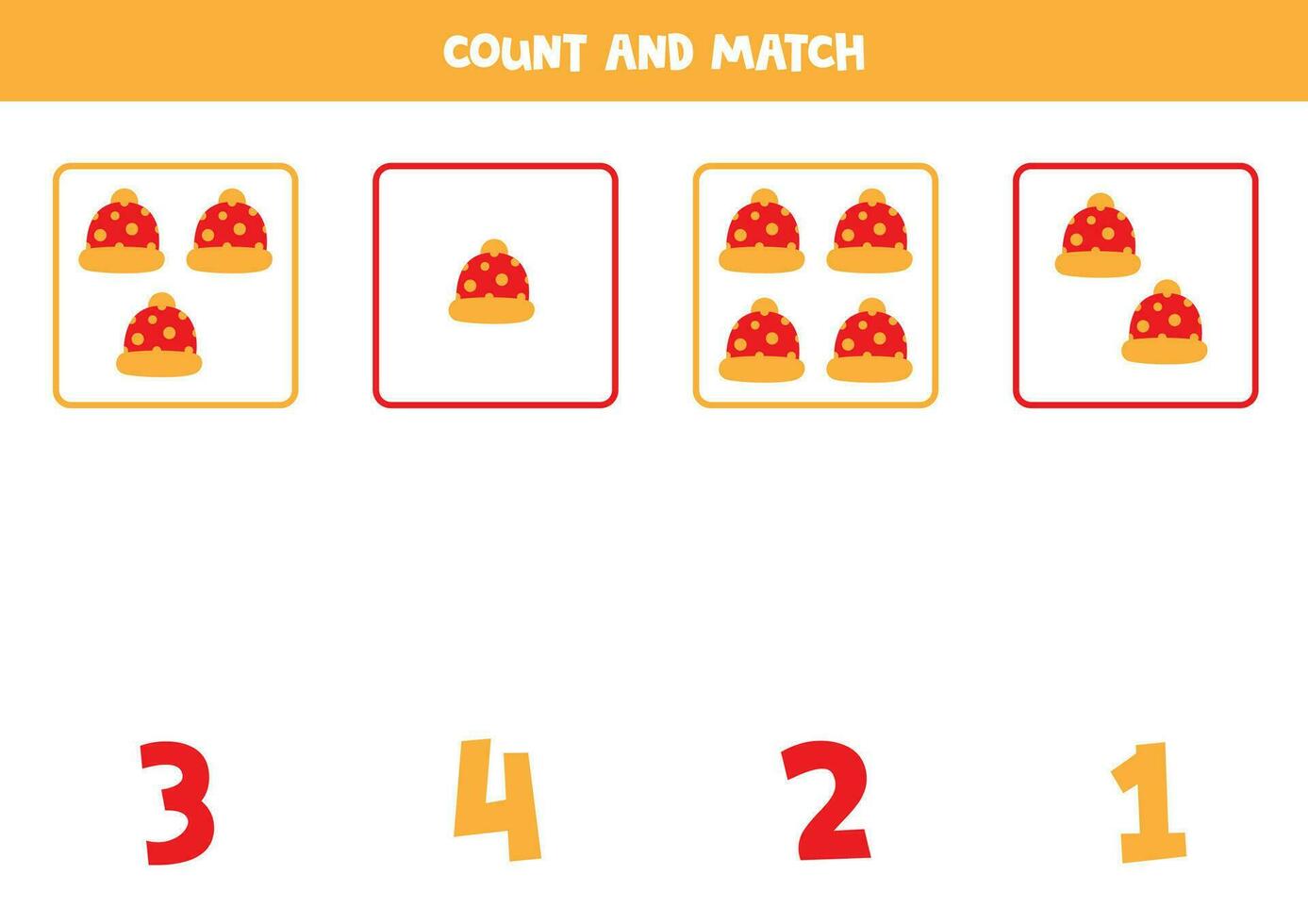 Counting game for kids. Count all red winter caps and match with numbers. Worksheet for children. vector