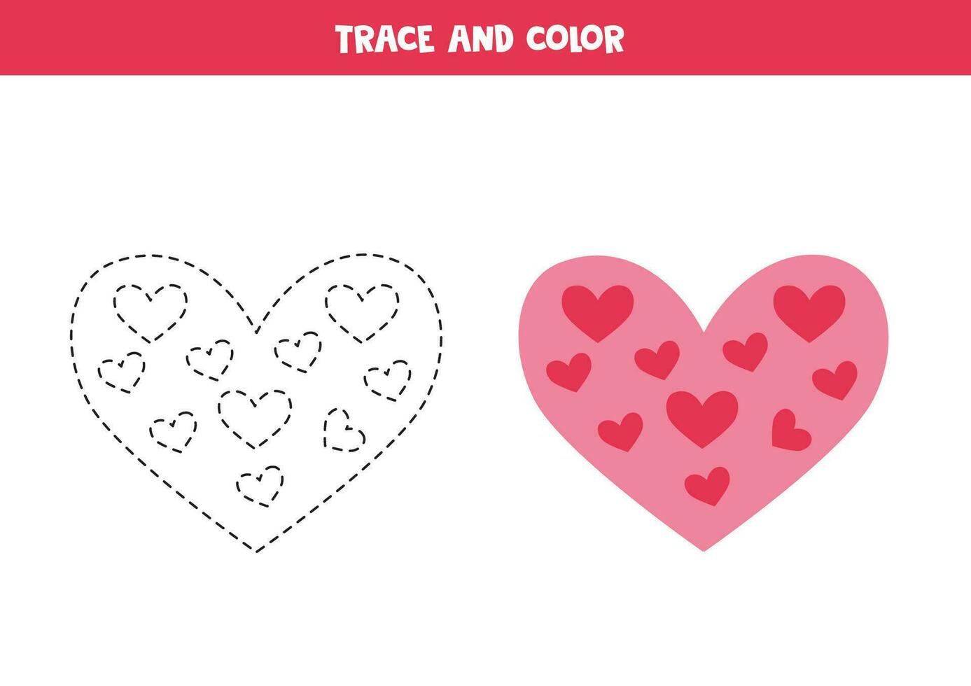 rastro y color linda plano rosado corazón. hoja de cálculo para niños. vector