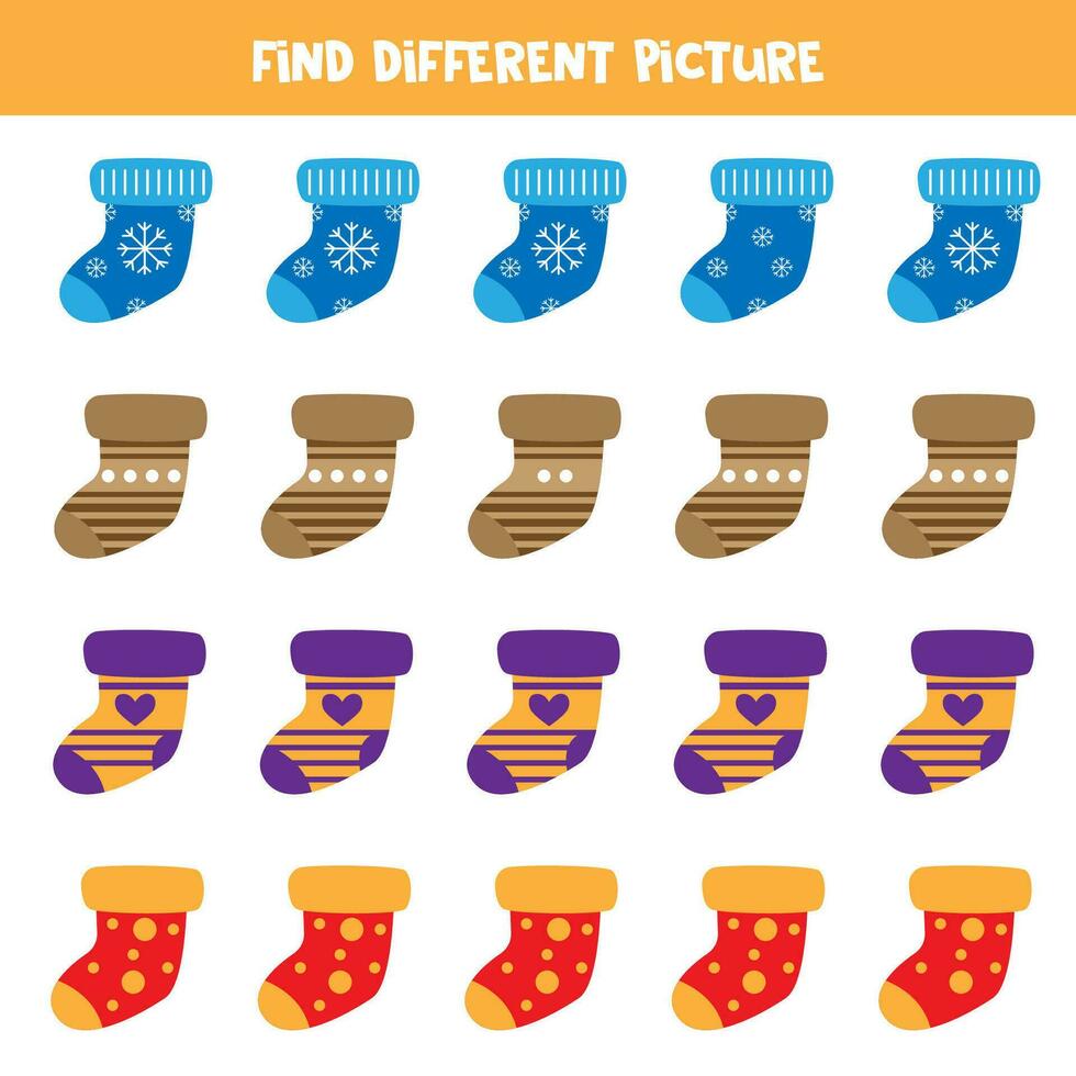 Find different colorful sock in each row. Logical game for preschool kids. vector