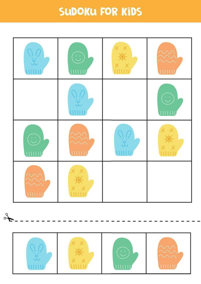 Educational Sudoku game with cute cartoon colorful mittens. vector