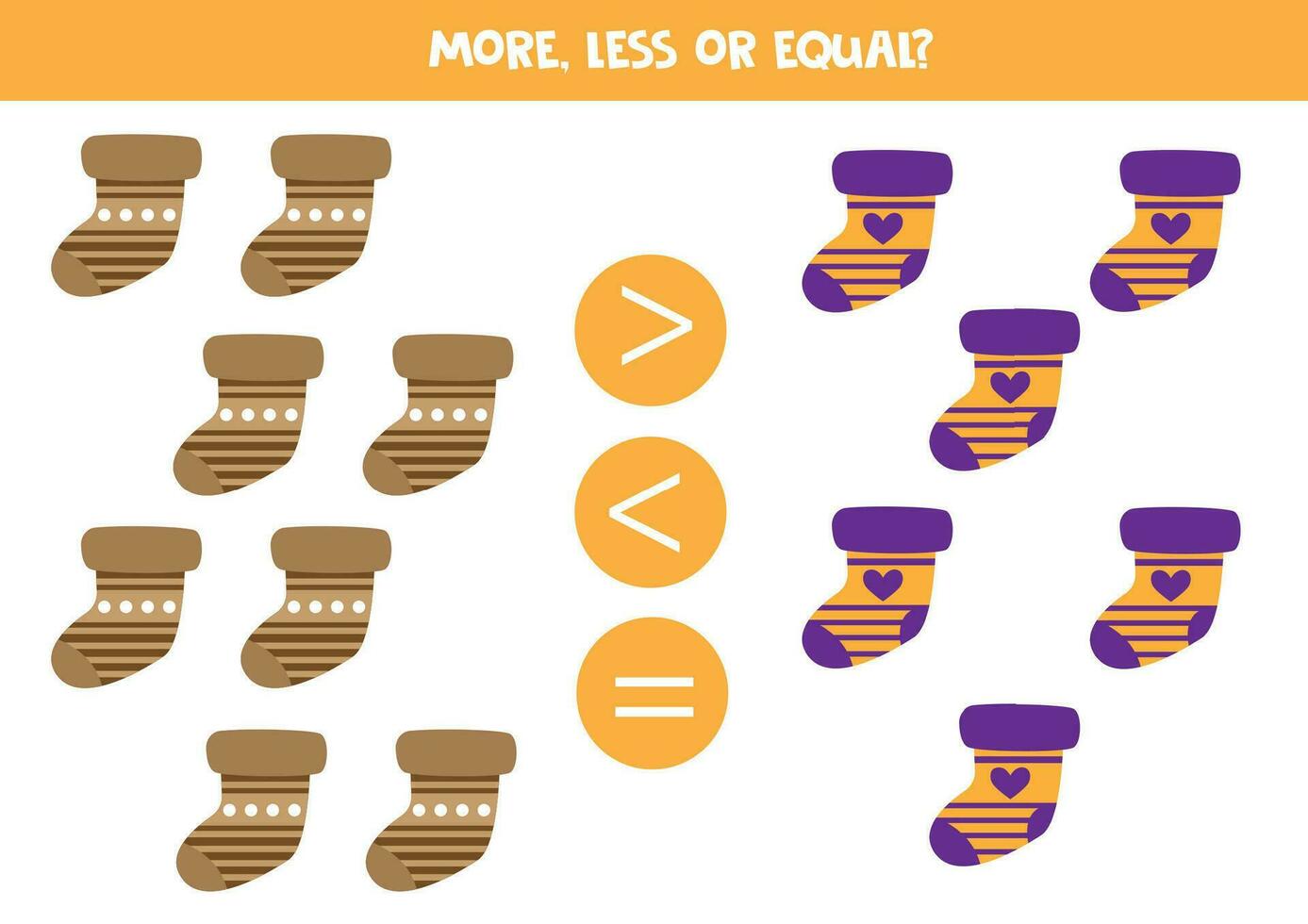 Grater, less or equal with cartoon colorful winter socks. vector