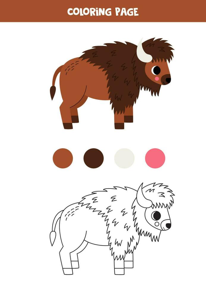 Color cute cartoon American bison. Worksheet for kids. vector