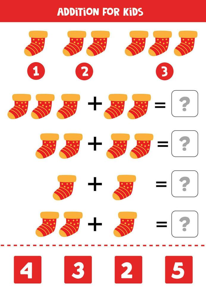 Addition with cute cartoon red sock. Educational math game for kids. vector