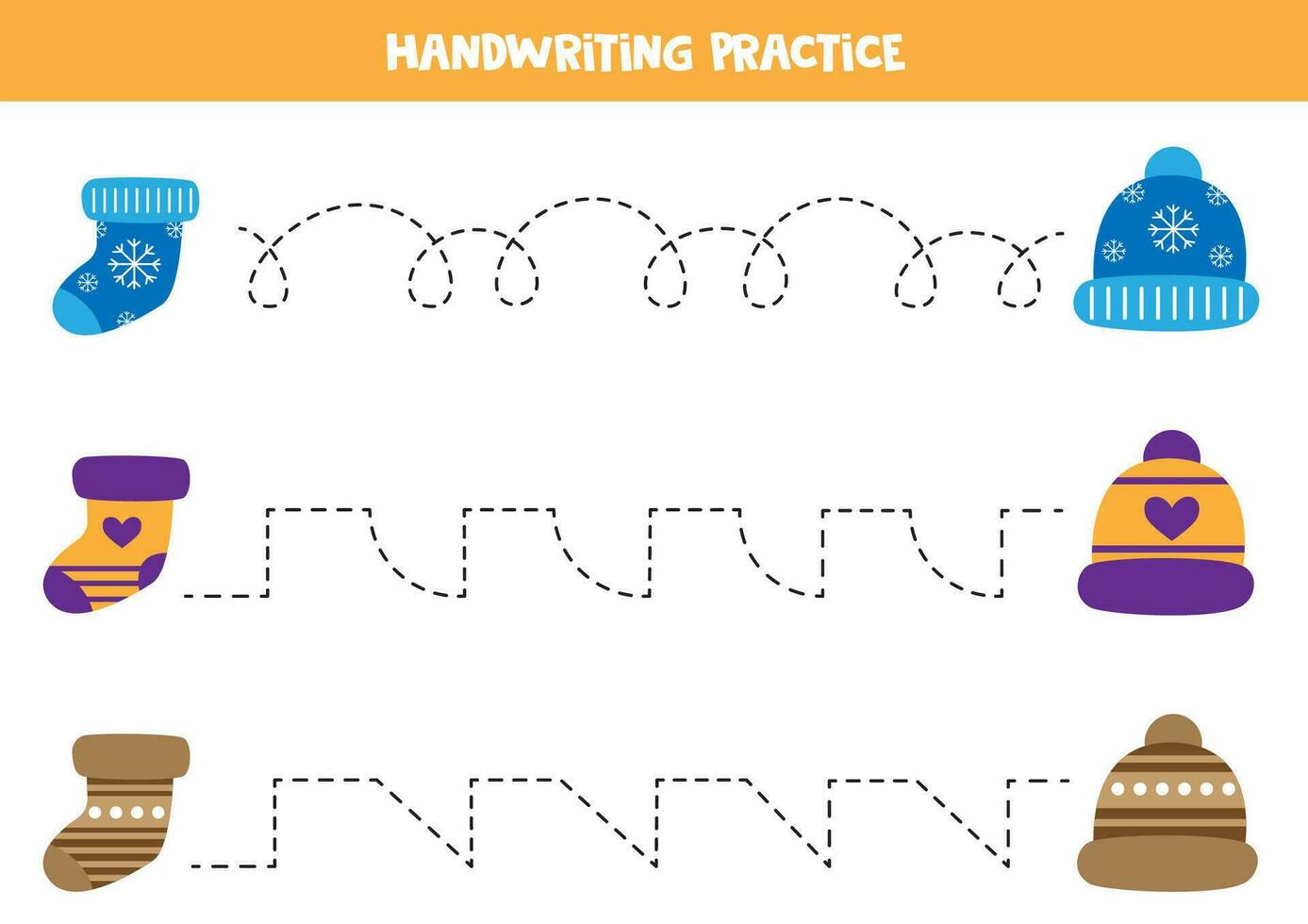 Tracing lines for kids.  Cute cartoon colorful socks and caps. Handwriting practice. vector