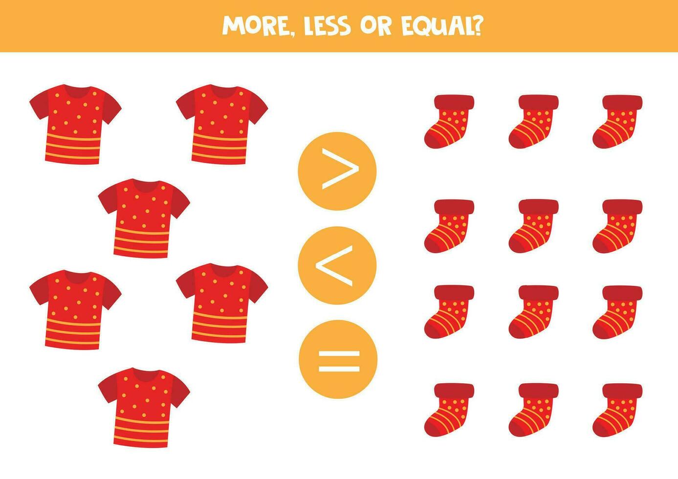 Grater, less or equal with cartoon red t shirt and red socks. vector