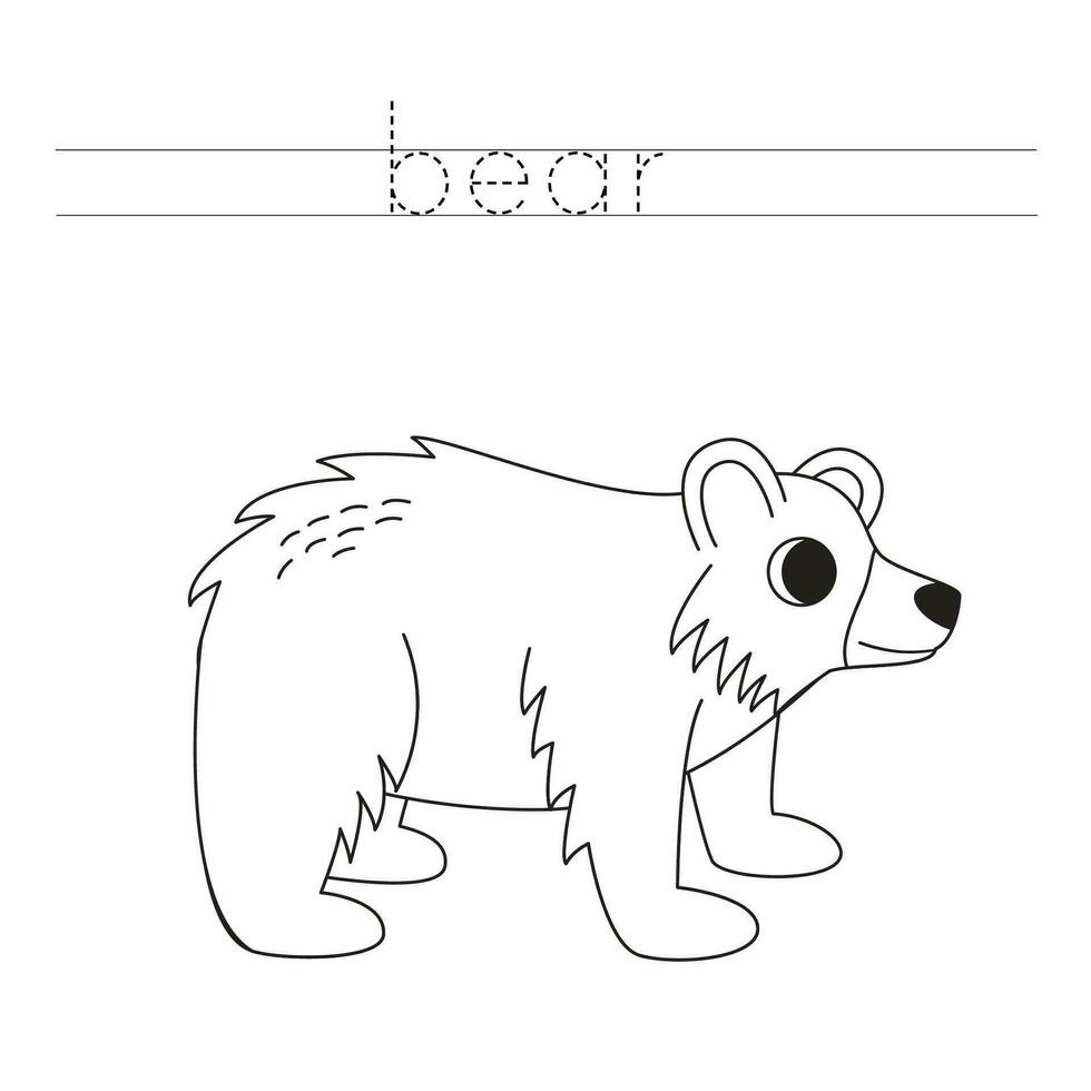 Trace the letters and color cartoon grizzly bear. Handwriting practice for kids. vector