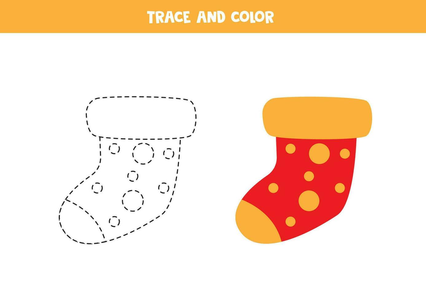 Trace and color cute red and yellow sock. Worksheet for children. vector