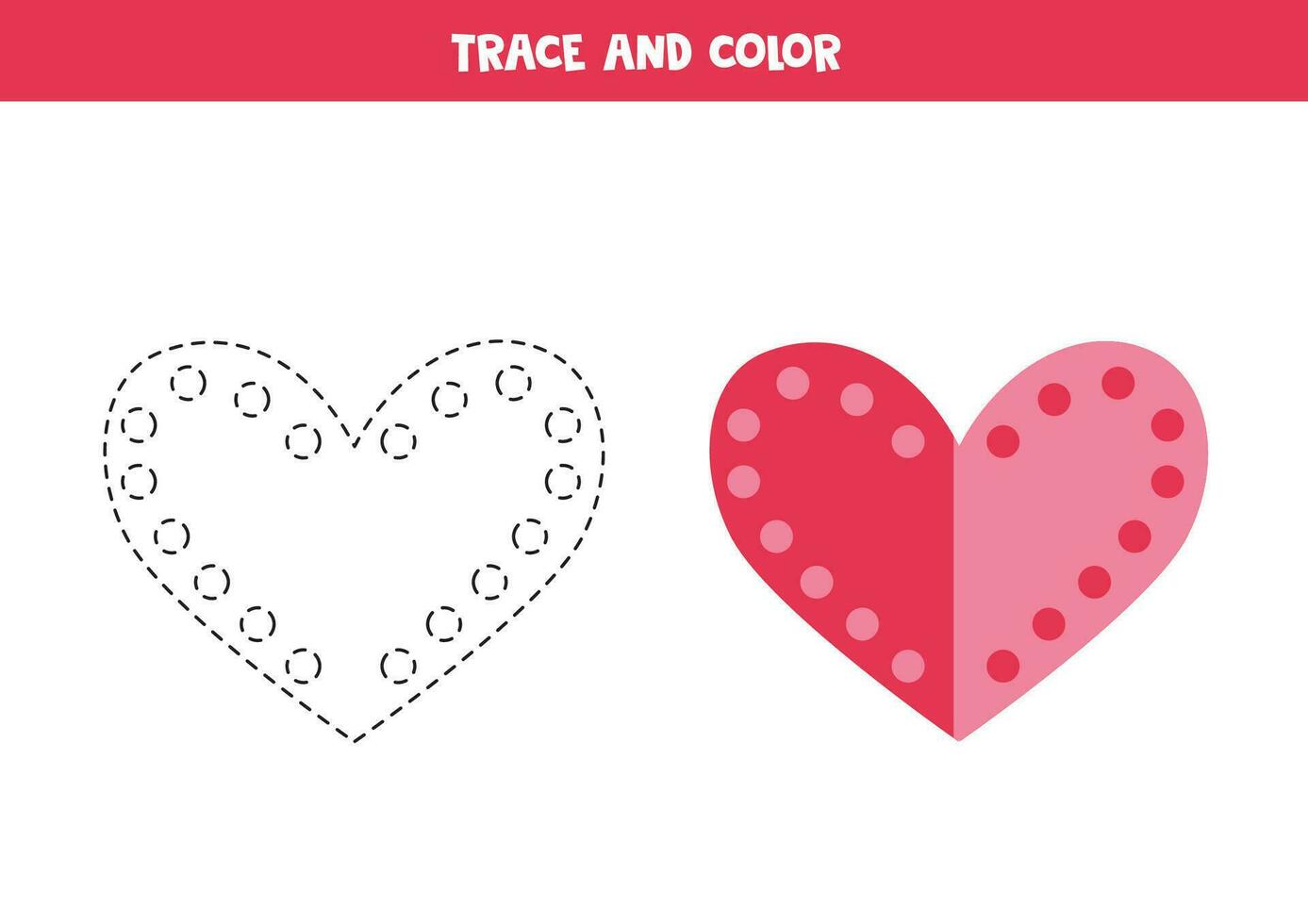 Trace and color cute flat pink heart. Worksheet for children. vector