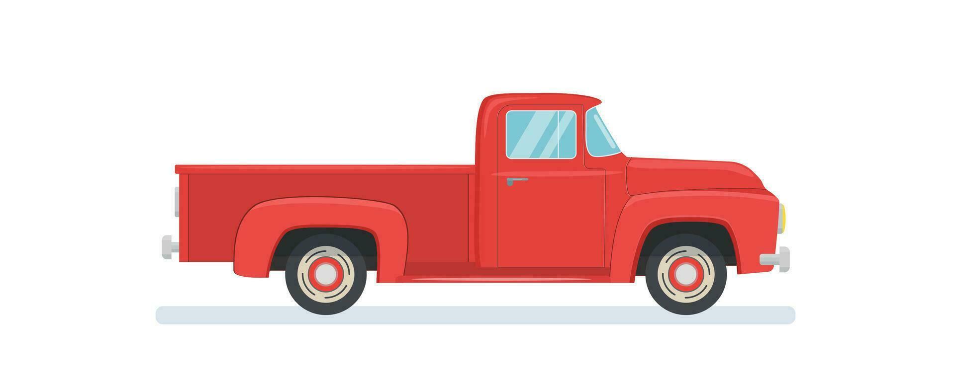 Old farmer red retro pickup truck isolated on white background. Vintage transport vehicle. Farming workhorse. Vector illustration in flat style