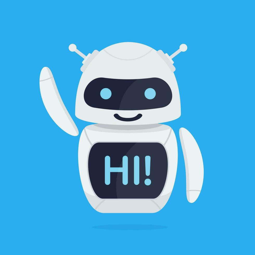 Chatbot robot concept. Cute bot say users Hi. Chatbot greets. Online consultation. Vector illustration in flat style