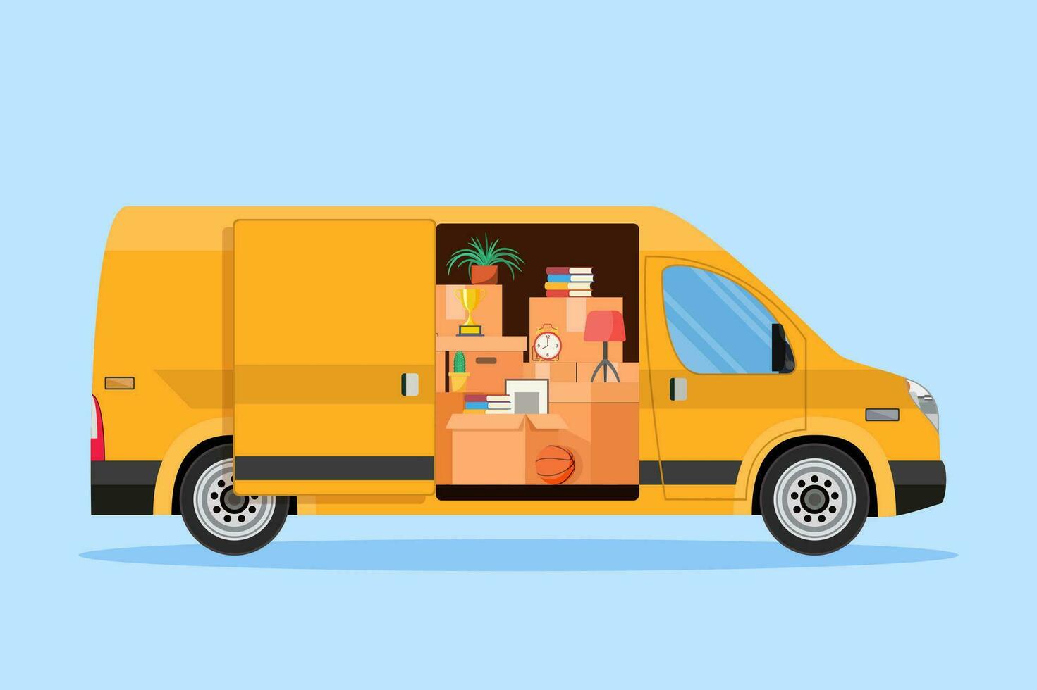 Delivery service concept. moving house. Open delivery van with furnitures and cardboard boxes. Family relocated to new home. Vector illustration in flat style