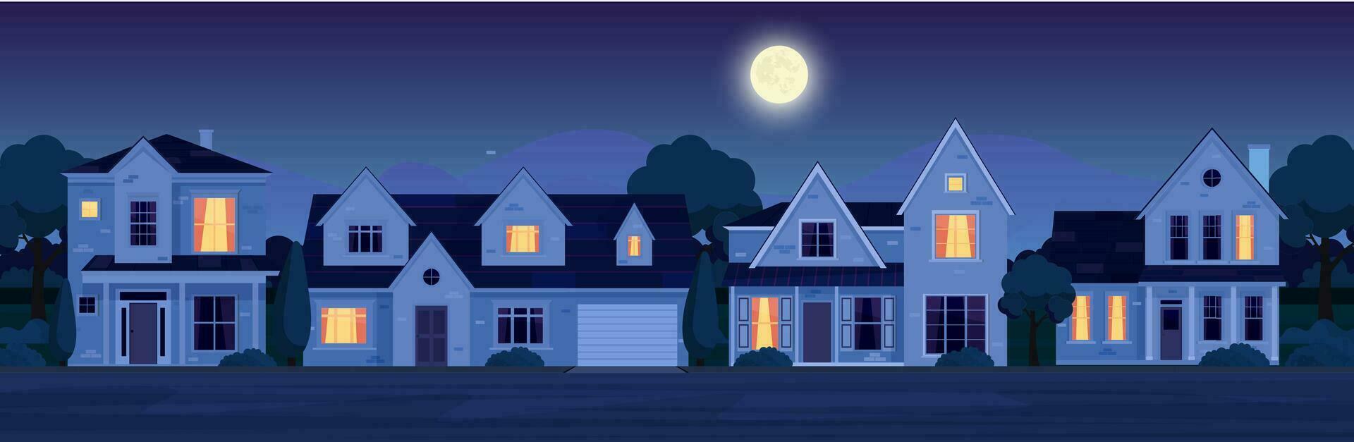 Urban or suburban neighborhood at night with real estate property, houses with lights. cartoon landscape with suburban cottages, moon and stars in dark sky. Vector illustration in a flat style