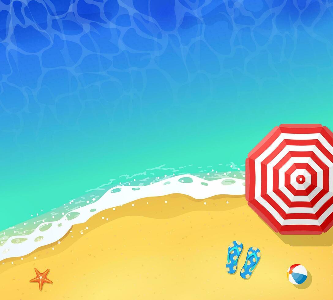 top view of calm ocean beach with blue waves. Coast of sea, ocean with sand. Sea surf, top view, background for a summer tropical banner or promotional offers. Vector illustration in flat style