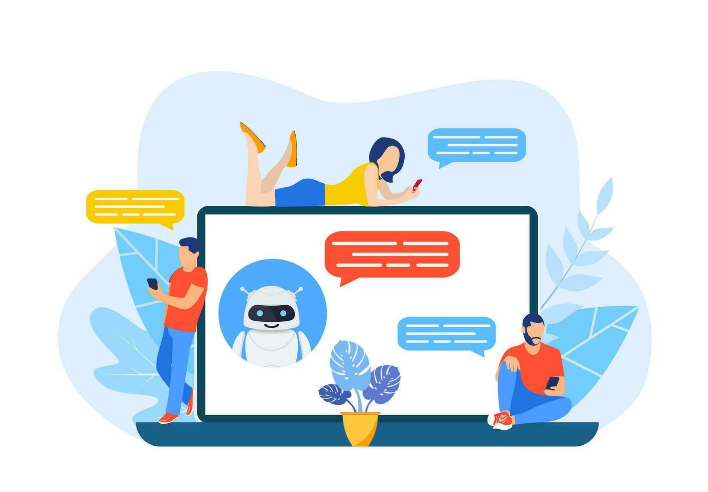 hablando a un chatbot en línea en ordenador portátil computadora. comunicación con un charla bot. cliente Servicio y apoyo. artificial inteligencia concepto. vector