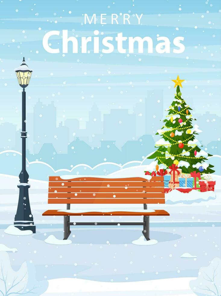 Cartoon winter city park with Christmas trees, bench, lantern. merry Christmas and New year celebrated with cityscape background landscape for banner, poster, web. Vector illustration in flat style