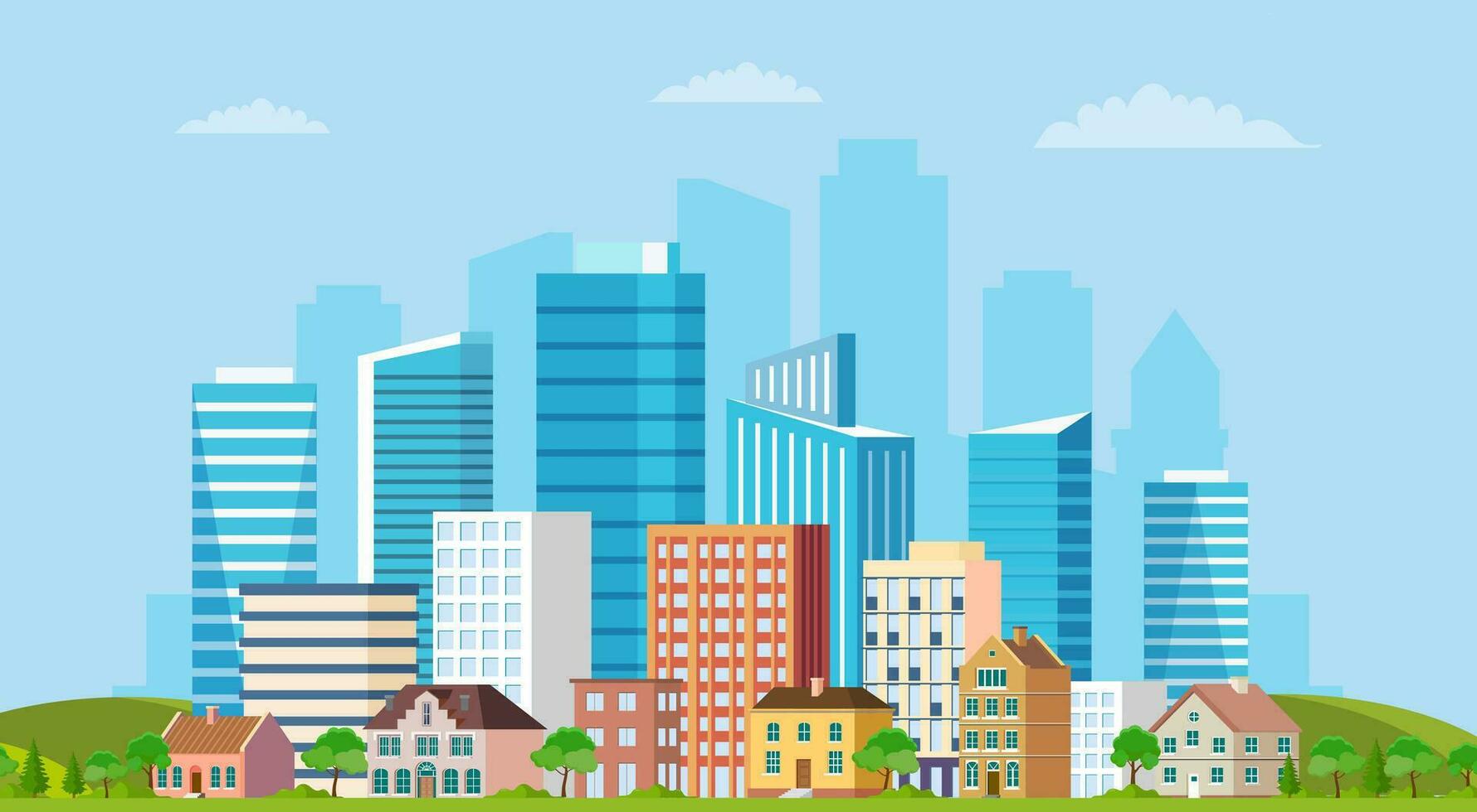 Landscape with buildings. city concept and suburban life. City street, large modern buildings, skyscrapers. Vector illustration in flat style