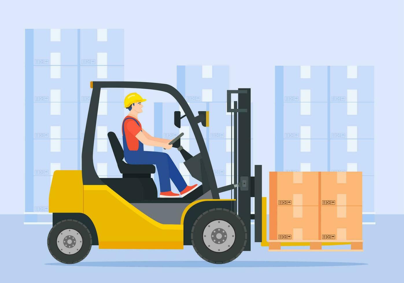 Yellow forklift truck with driver. electric uploader. Delivery, logistic and shipping cargo. Warehouse and storage equipment. Vector illustration in flat style