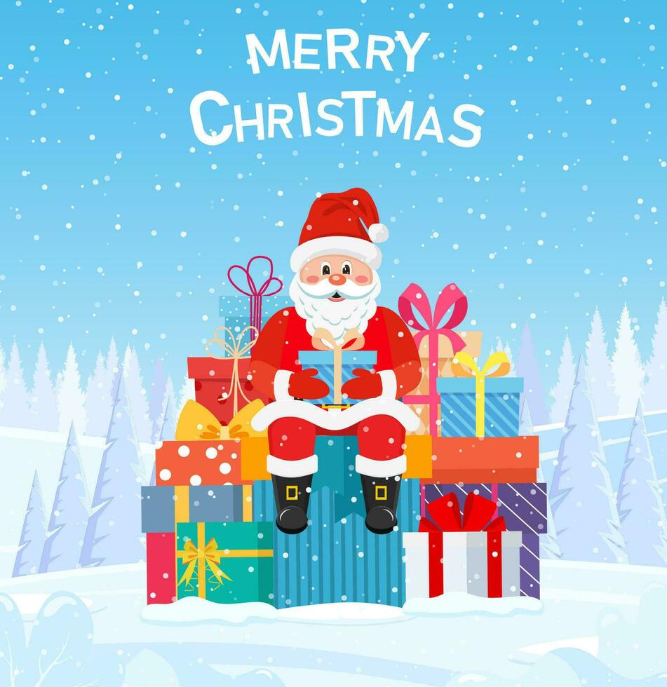 dibujos animados Papa Noel claus sentado en un regalo caja, Navidad saludo tarjeta plantilla.vector ilustración en plano estilo vector