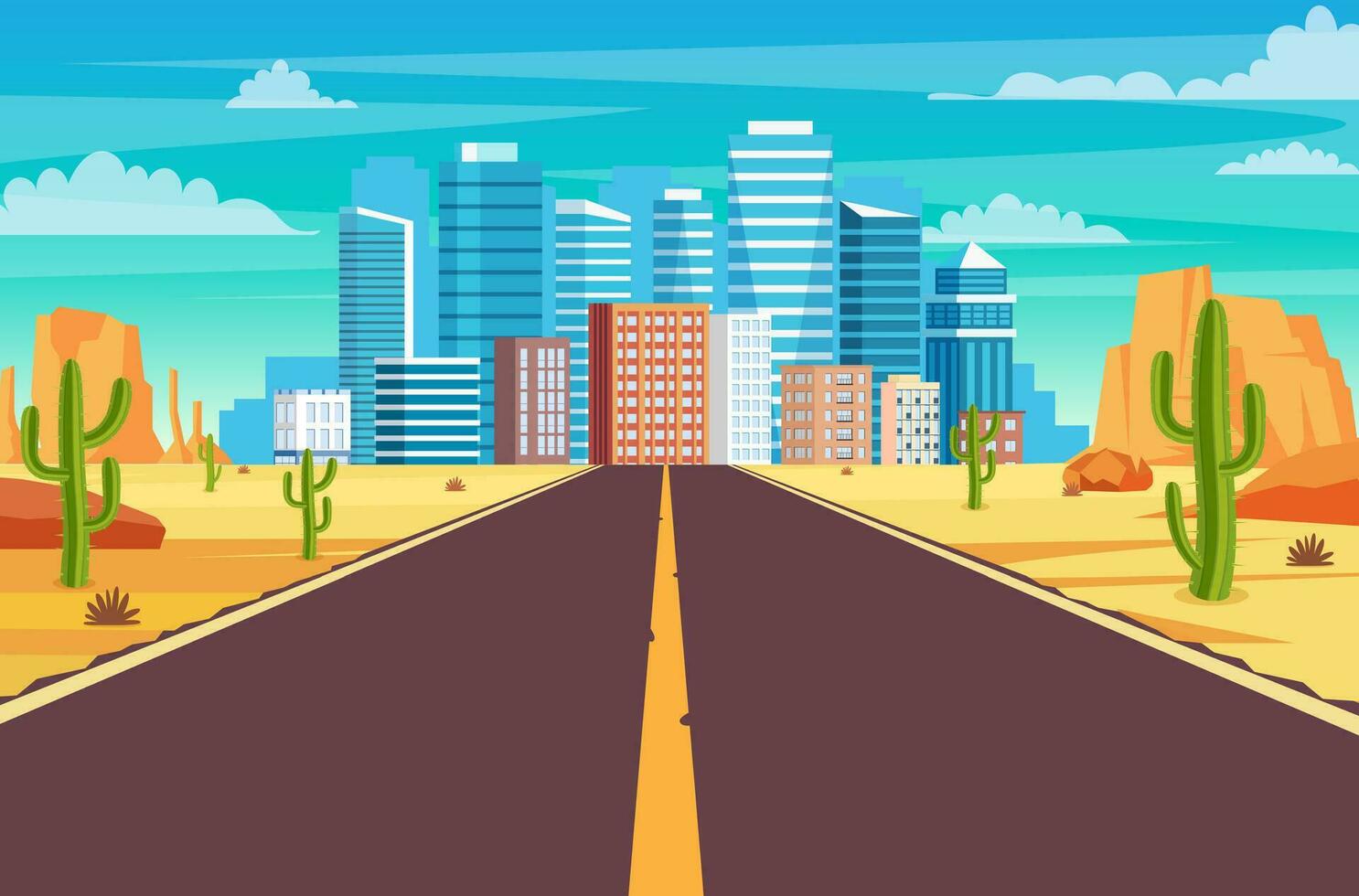 Empty highway road in desert leading to a big city. Sandy desert landscape with road, rocks and cactuses. highway in Arizona or Mexico hot sand. Vector illustration in flat style