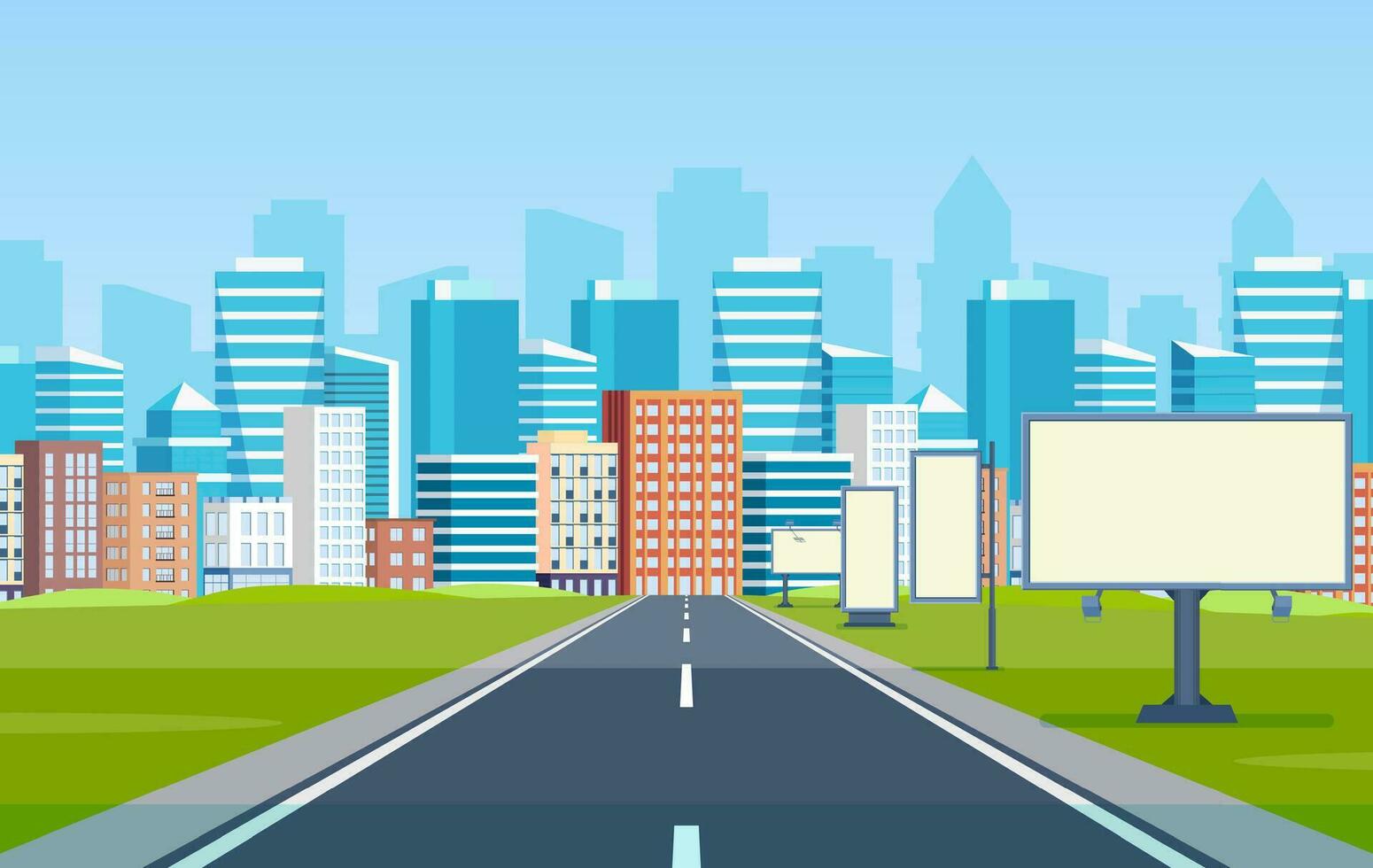 Road way to city buildings on horizon. highway cityscape, modern big skyscrapers town far away ahead, Road to city with billboards. Vector illustration in flat style