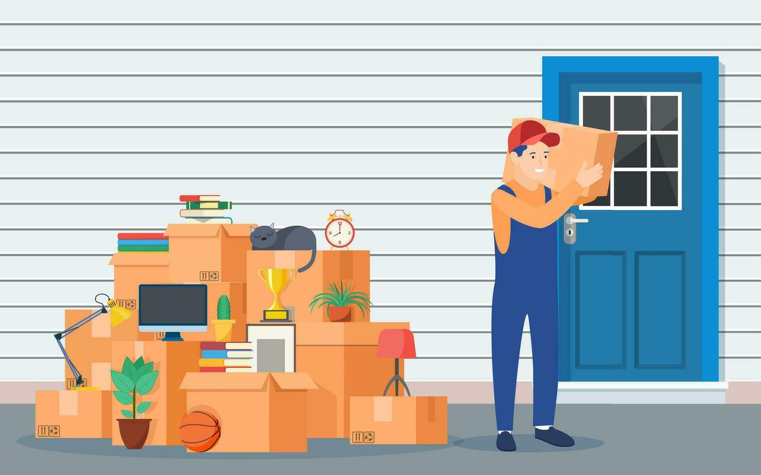 Moving to new house. Family relocated to new home. Male mover, paper cardboard boxes near house facade. Package for transportation. Vector illustration in flat style