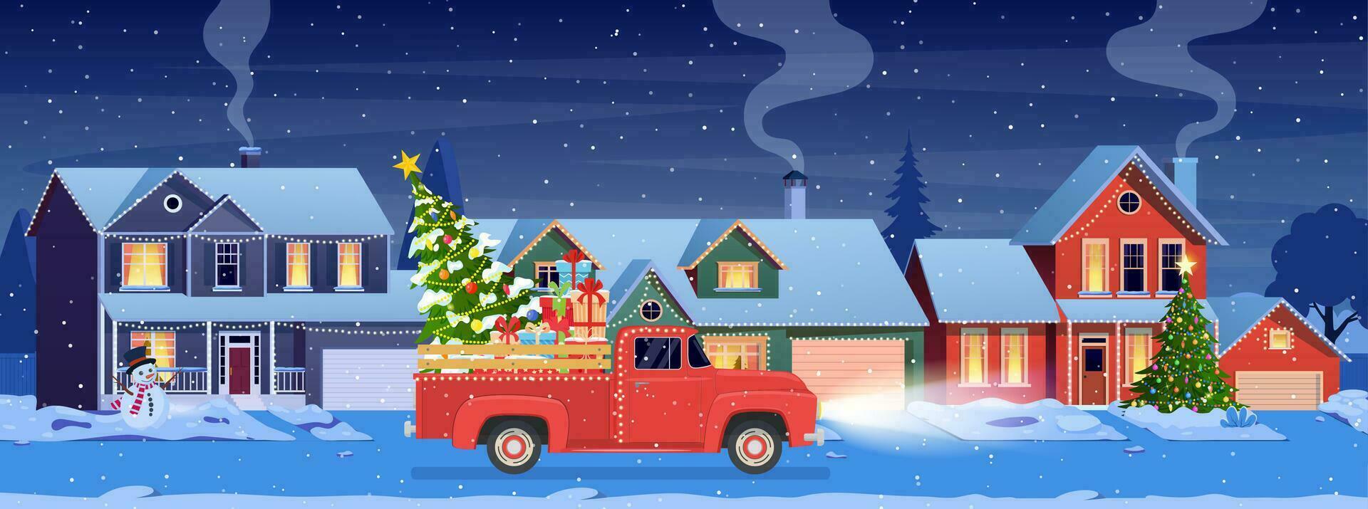 Residential houses with christmas decoration at night. Christmas landscape card design of retro car with giftbox and christmas tree. Vector illustration