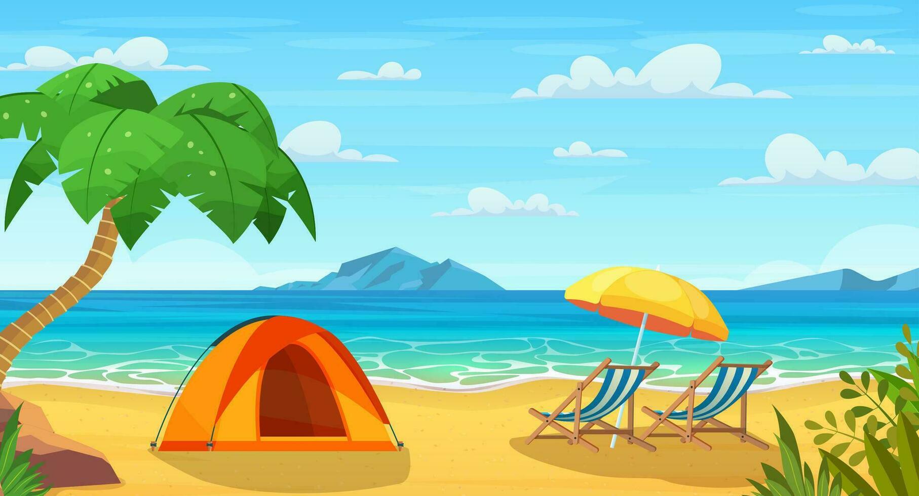 Summertime on the beach. cartoon Tourist tent camping and sun loungers on the tropical beach. Summer vacation on sea coast. Vector illustration in flat style