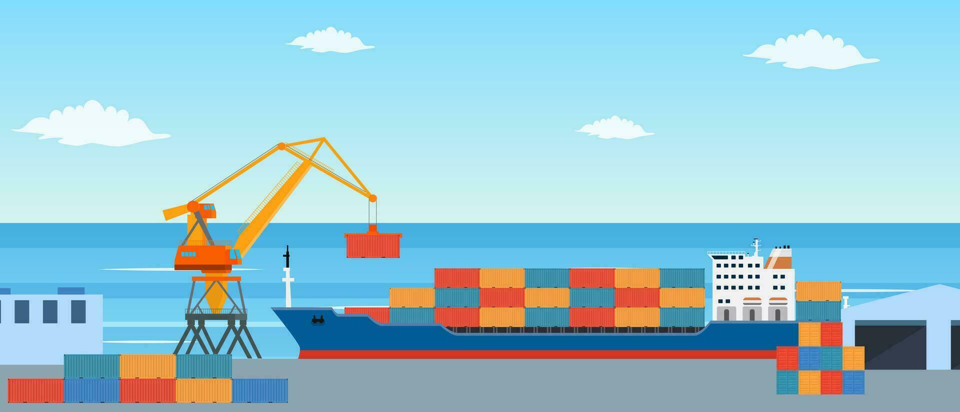 Cargo ship loading in city port. Cranes on dockside, pier unloading shipping containers from freight vessel to shore. Vector illustration in flat style