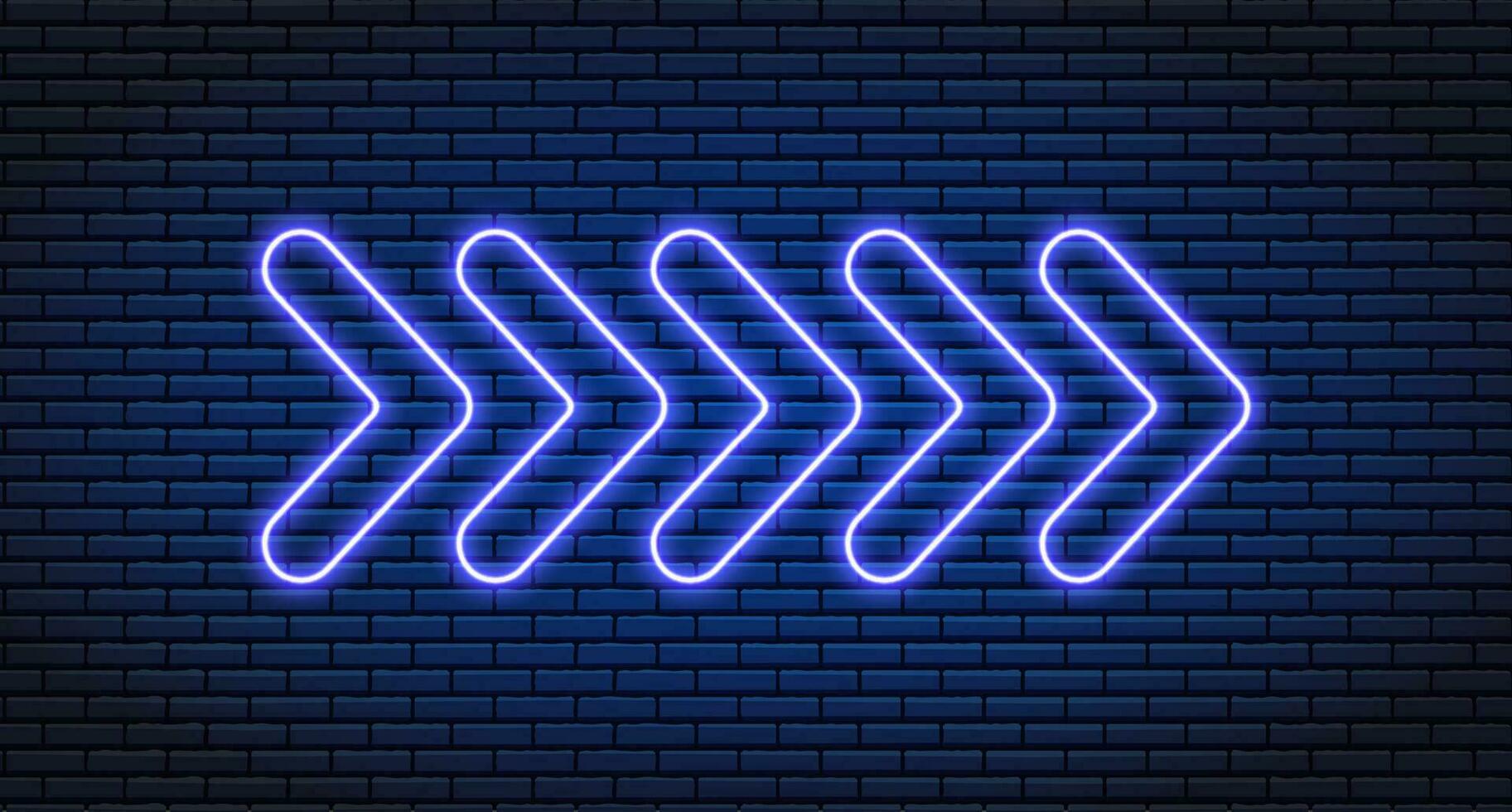 Neon arrow lamp wall sign. Glowing neon arrow pointer on brick wall background. Retro signboard with bright neon tubes. glowing bulb banner. Vector illustration.