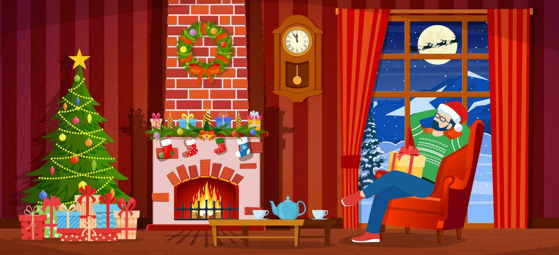 Cozy Interior of Living Room with Window, Man on Armchair, Table, Christmas Tree. Happy New Year Decoration. Merry Christmas Holiday. New Year and Xmas Celebration. Cartoon Flat Vector Illustration