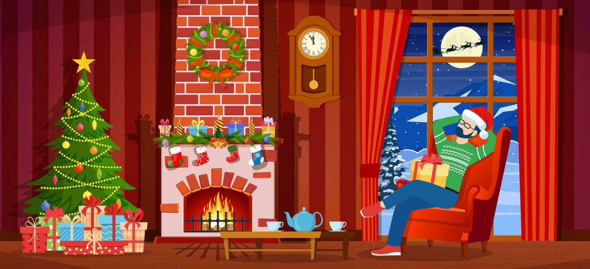 acogedor interior de vivo habitación con ventana, hombre en sillón, mesa, Navidad árbol. contento nuevo año decoración. alegre Navidad día festivo. nuevo año y Navidad celebracion. dibujos animados plano vector ilustración