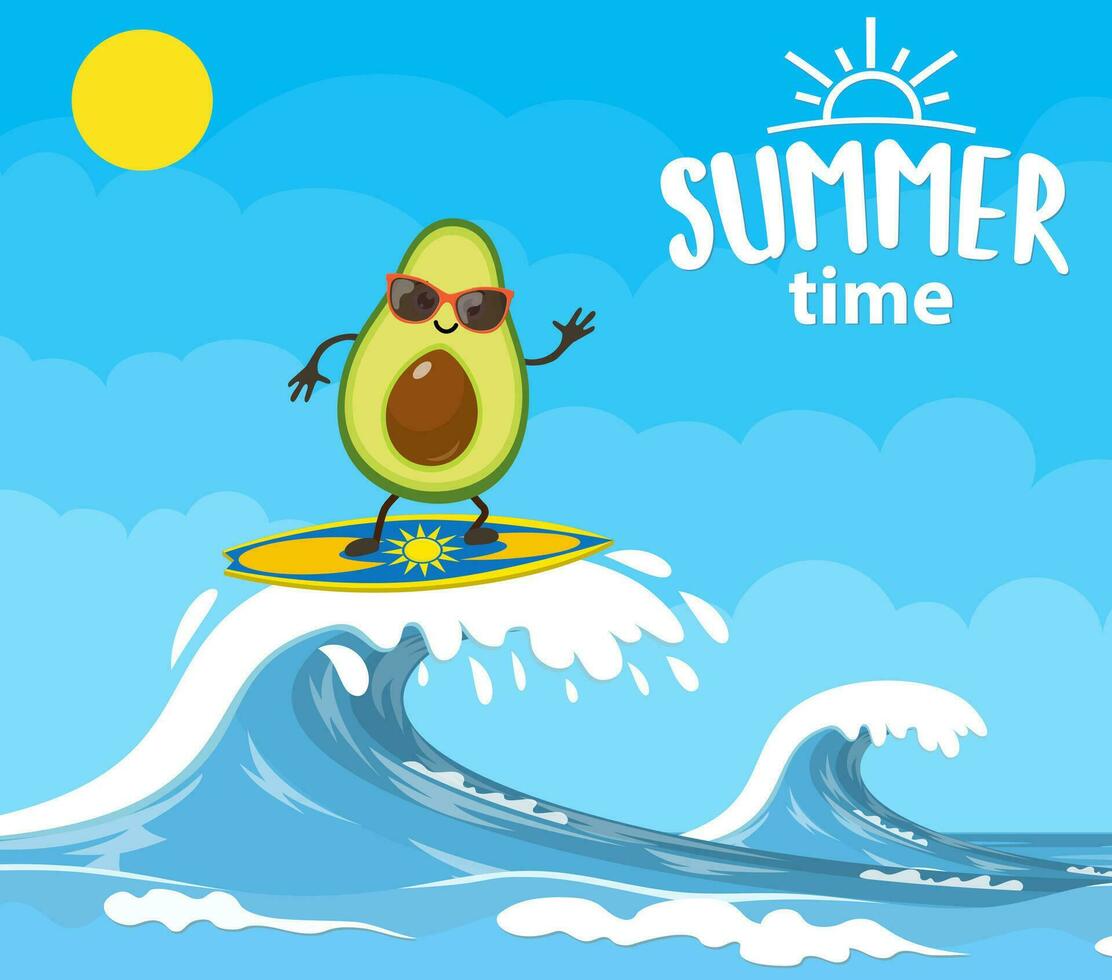 avocado characters surfing on wave. Holidays on the sea. Beach activities. Summer time. Vector illustration in flat style