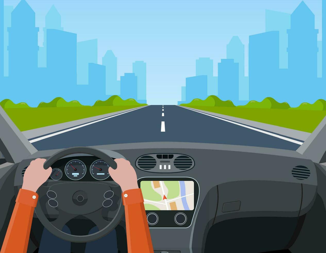 View of the road from the car interior. Road way to city buildings on horizon. Hands on Steering Wheel, inside car driver. modern big skyscrapers town far away ahead. Vector illustration in flat style