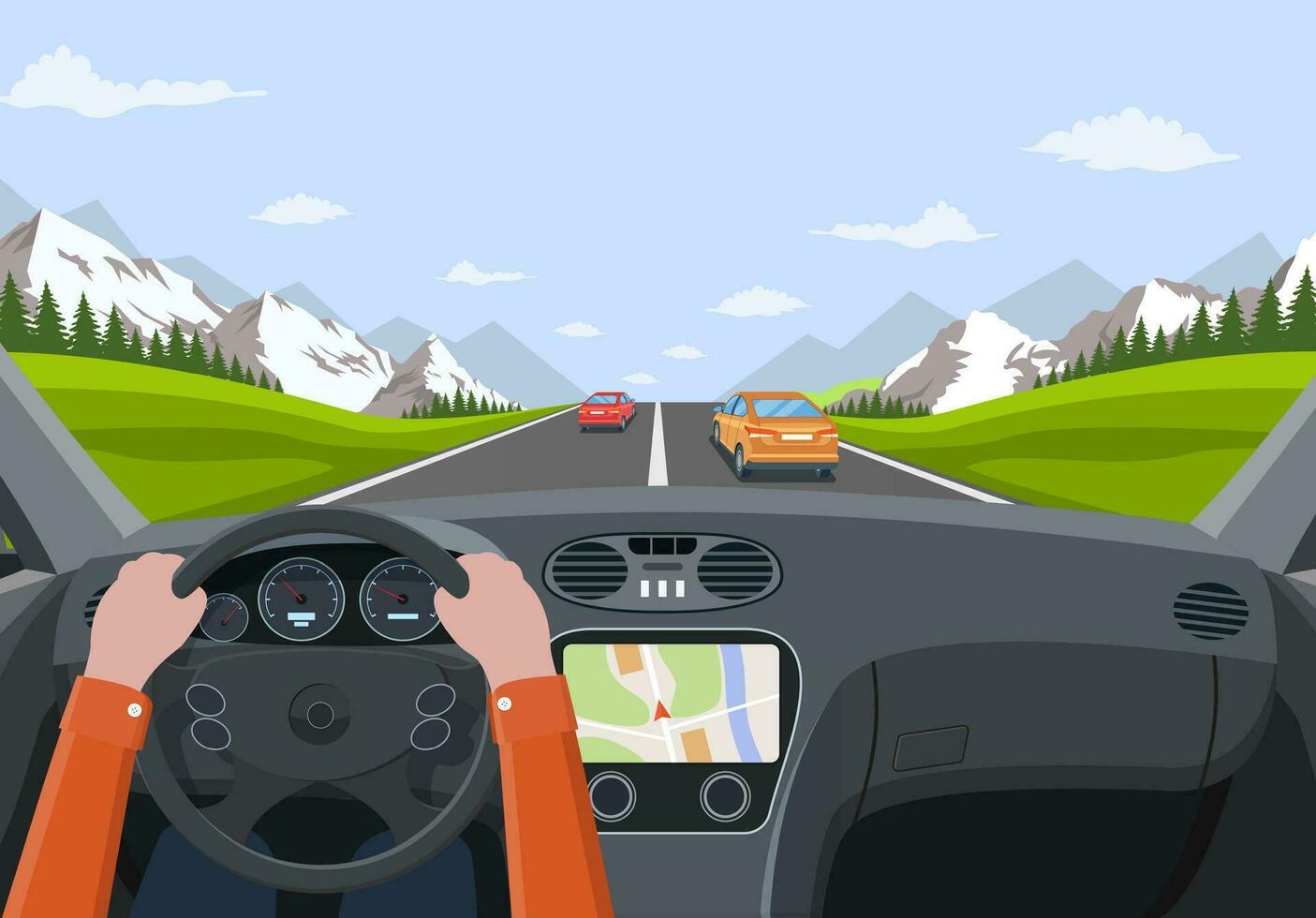 View of the road from the car interior. Vehicle salon, inside car driver . Road with cars. Hands on Steering Wheel. Car view steering and windshield. Vector illustration in flat style