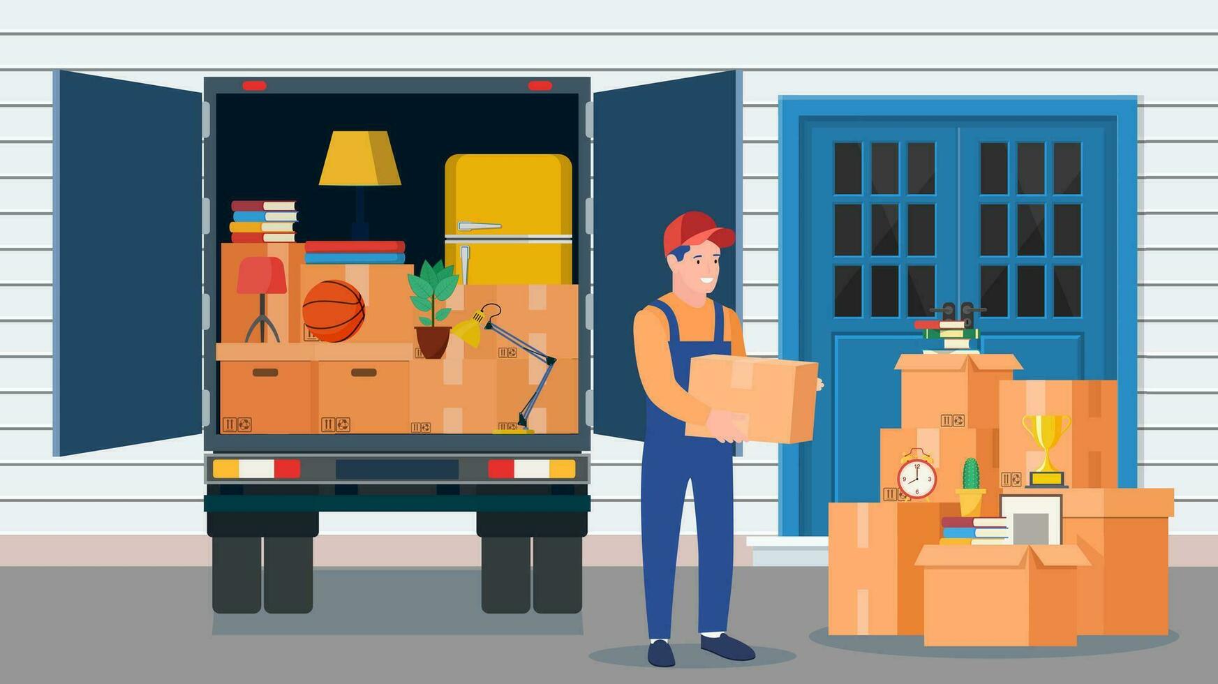 Moving to new house. Family relocated to new home. Male mover, paper cardboard boxes near house facade. Package for transportation. Delivery truck, household items. vector illustration in flat style