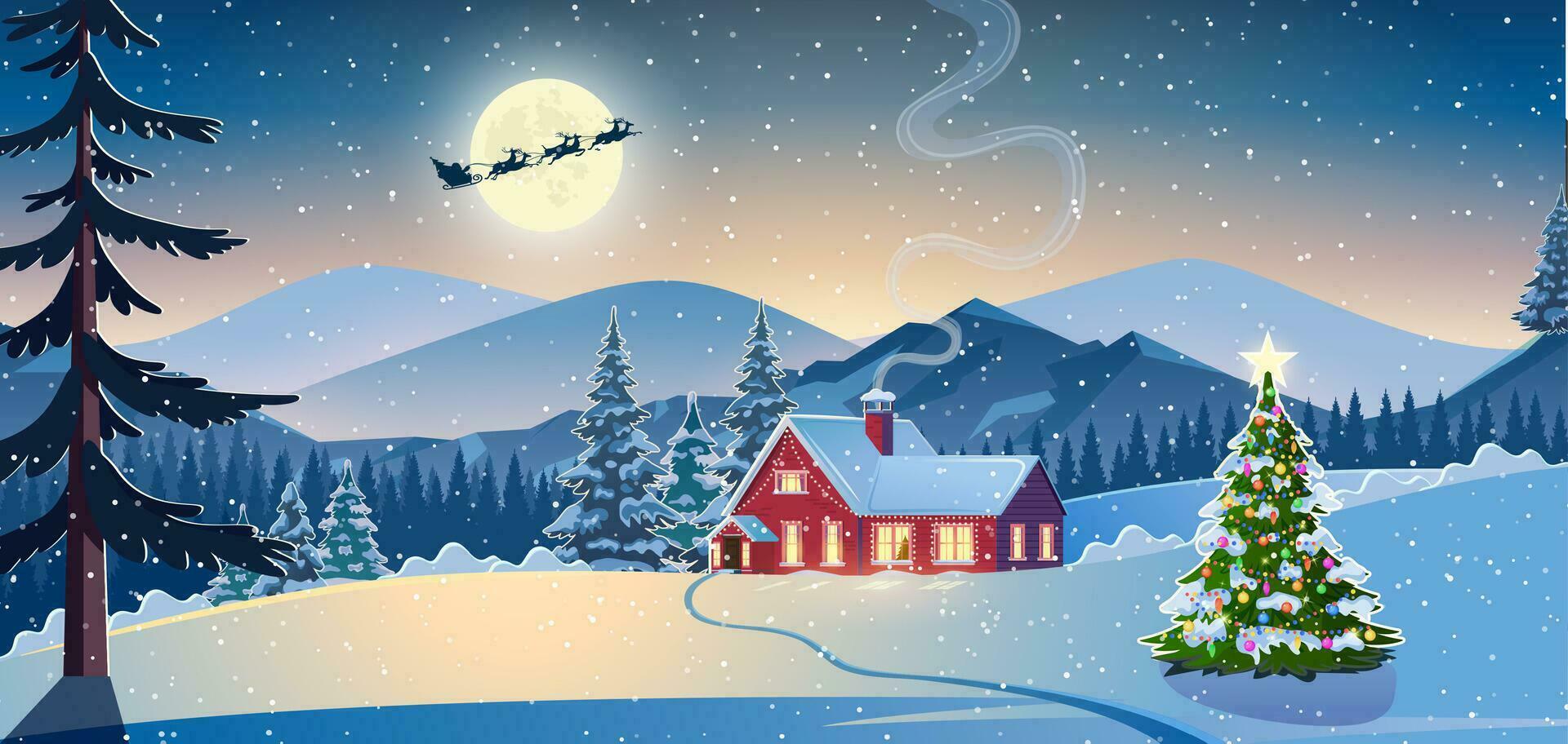 Winter snow landscape and houses with snowflakes falling from sky. Winter leisure, Christmas vacation, snowy hills, tree and fields. Santa Claus with deers in sky. Vector illustration