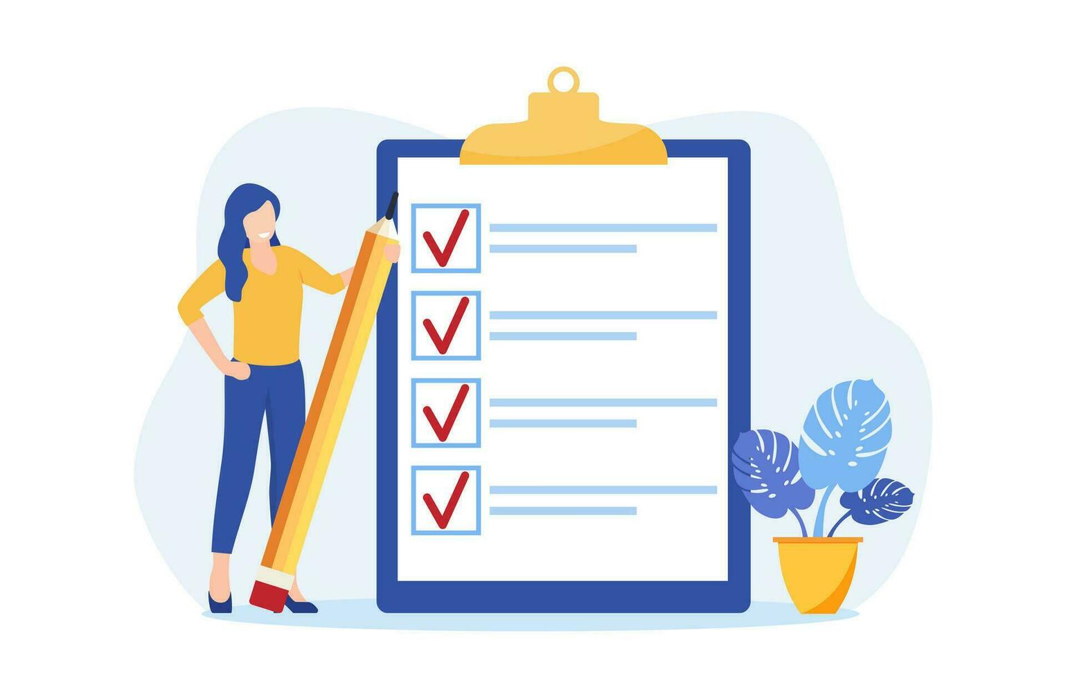 Positive business woman with a giant pencil on his shoulder nearby marked checklist on a clipboard paper. Task done business concept. Vector illustration in flat style