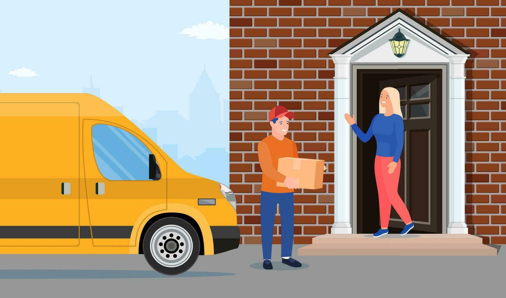 Man left cardboard boxes with goods near house facade. Courier character holds parcel. Carton delivery packaging closed box. Free and fast shipping. Vector illustration in flat style