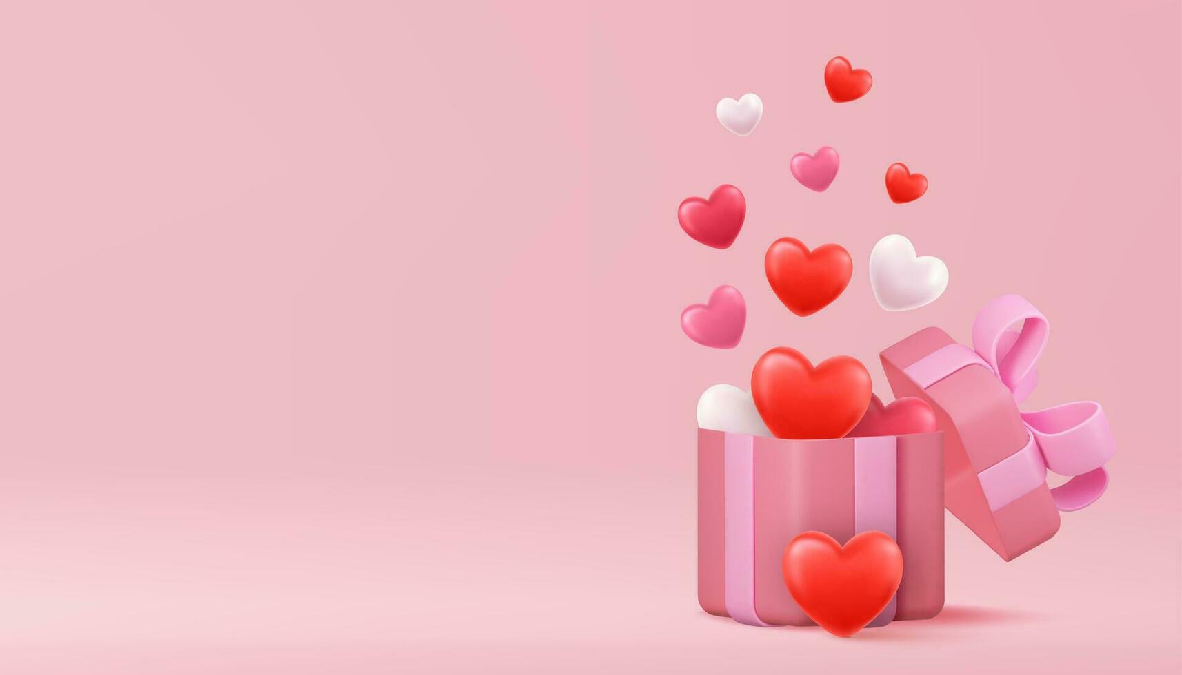 Valentine s day concept. 3D heart hot air flying from open gift box on pink background. 3d rendering. Love concept for happy mother s day, valentine s day, birthday day. Vector illustration