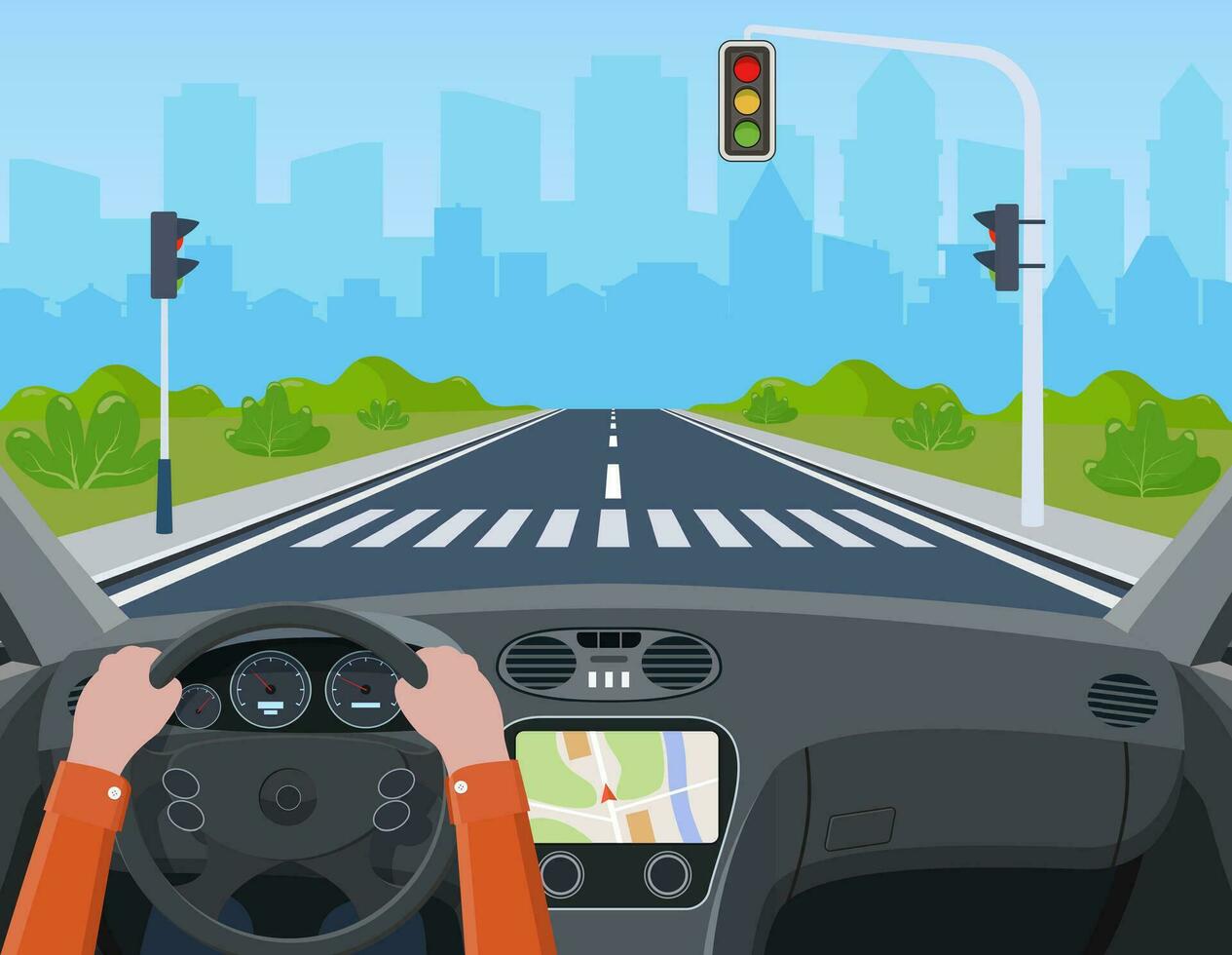 Hands driving a car on the street. city road on crosswalk with traffic lights. markings and sidewalk for pedestrians. Vector illustration in flat style