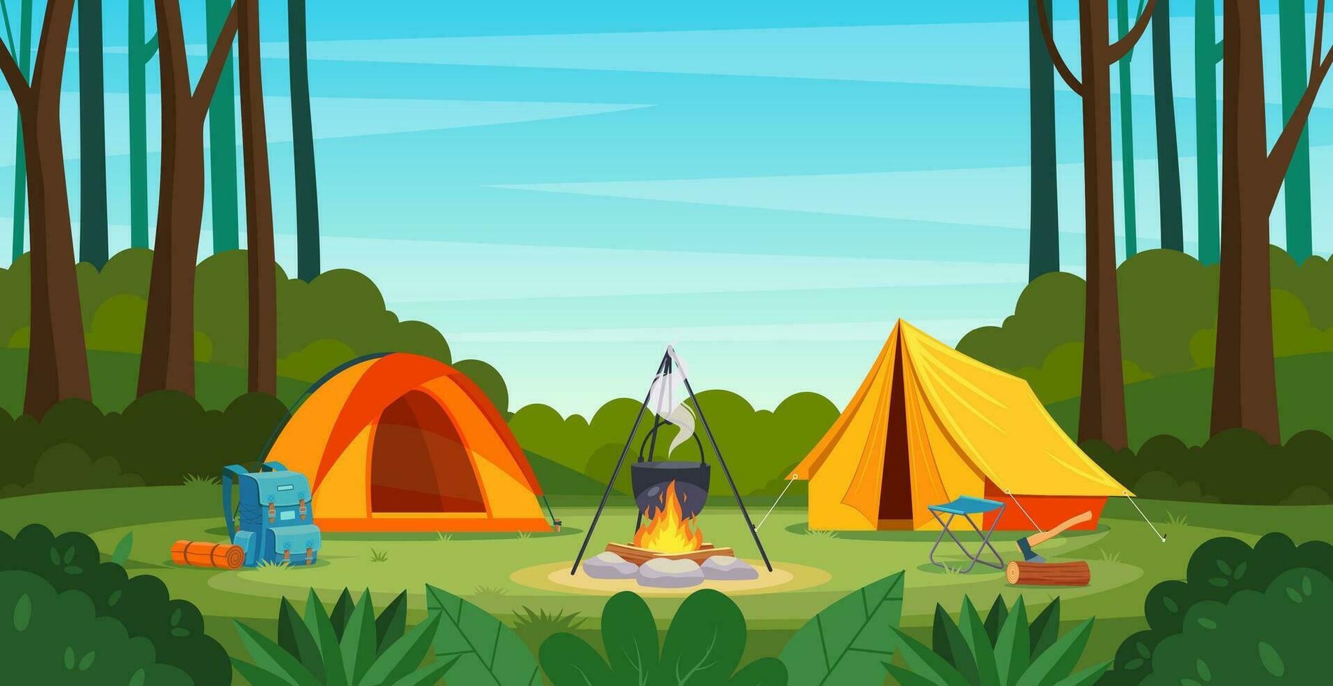 Summer camp in forest with bonfire, tent, backpack. cartoon landscape , forest and campsite. Equipment for travel. Vector illustration in flat style