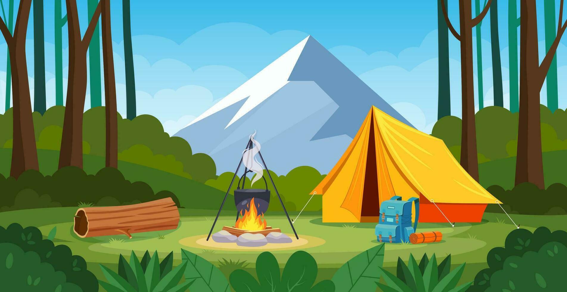 Summer camp in forest with bonfire, tent, ackpack. cartoon landscape with mountain, forest and campsite. Equipment for travel, hiking. Vector illustration in flat style