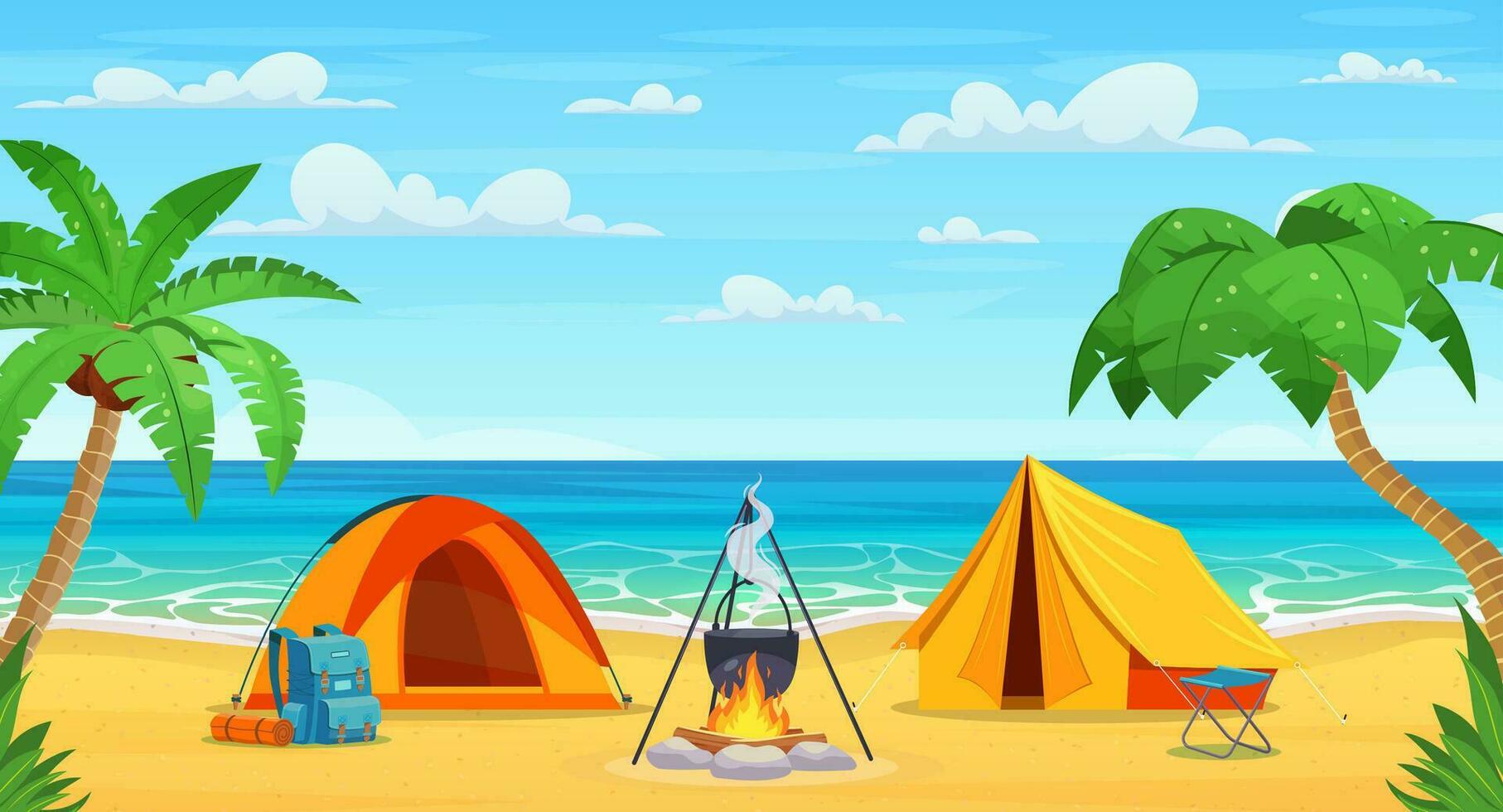 Hora de verano en el playa. dibujos animados turista tienda cámping en el tropical playa. verano vacaciones en mar costa. vector ilustración en plano estilo