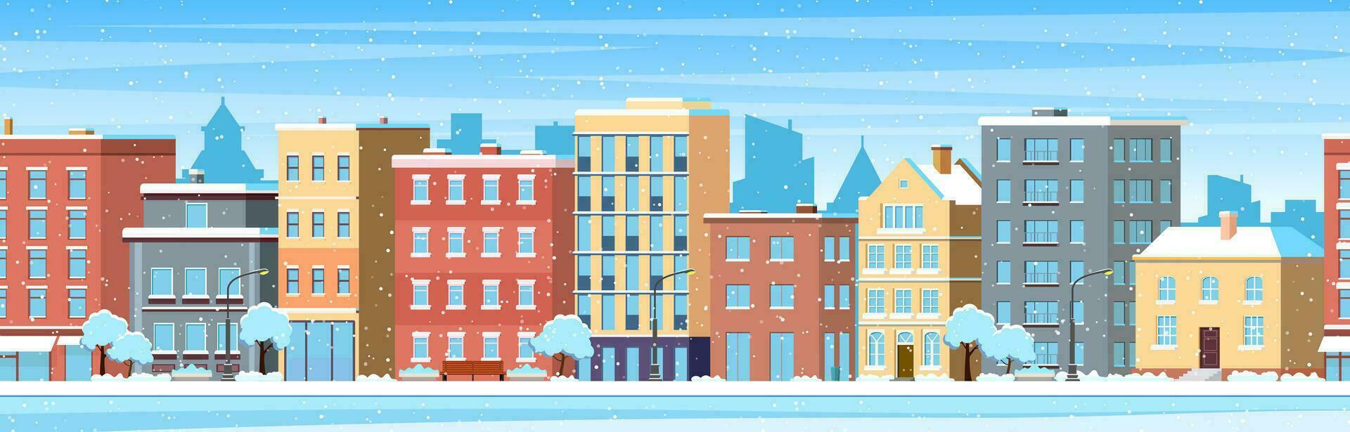 ciudad edificio casas invierno calle paisaje urbano antecedentes. alegre Navidad contento nuevo año concepto horizontal bandera. vector ilustración en plano estilo