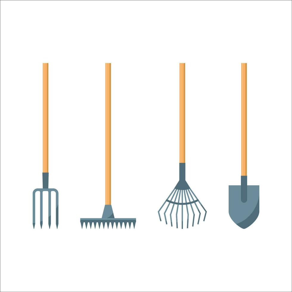 Shovel or spade, rake and pitchfork icons isolated on white background. Gardening, planting tool kit. Household working instrument. vector illustration in flat design