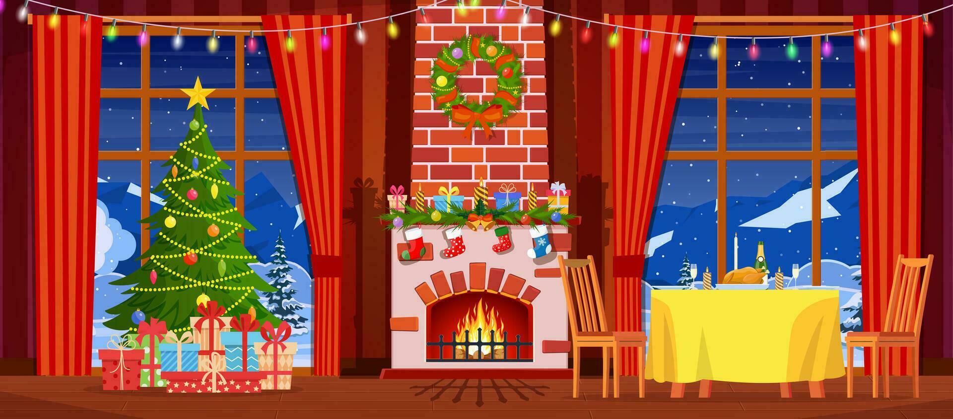 Festive interior of living room, new year. Christmas tree, gifts above fireplace for new year, festive table, fireplace, Christmas wreath, decorations. Cartoon Flat Vector Illustration