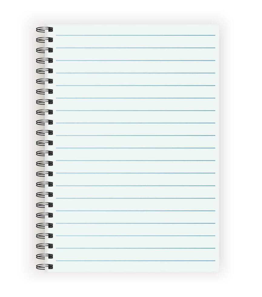 Blank realistic horizontal lined notebook with shadow. Copybook with blank opened ruled page on metallic spiral, dairy or organizer mockup or template for your text. vector illustration.