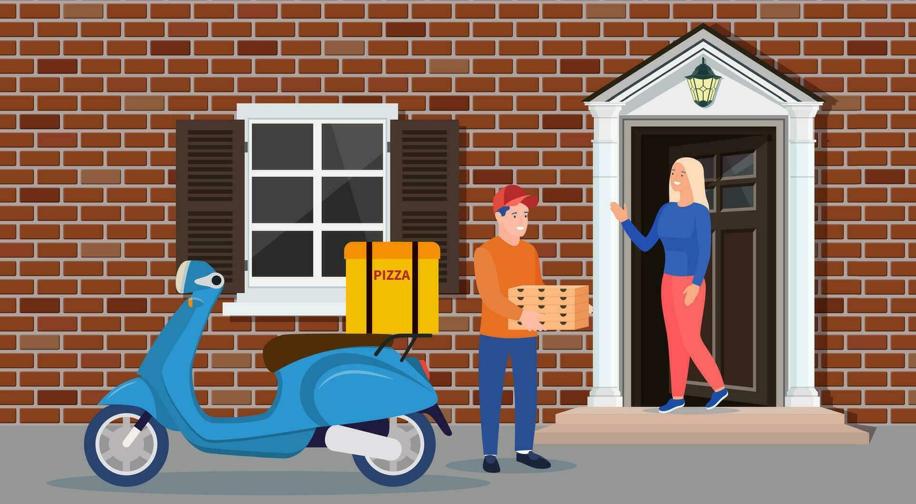 delivery man bringing a pile of pizza boxes near house facade. Courier character holds pizza. Free and fast shipping. Vector illustration in flat style