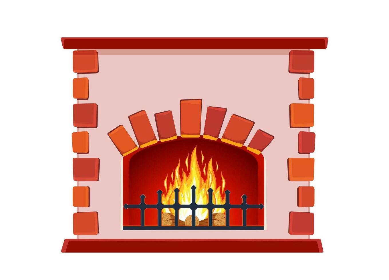 cartoon Winter interior bonfire. Classic fireplace made of red bricks, bright burning flame and smoldering logs inside. Home fireplace for comfort and relaxation. Vector illustration in flat style