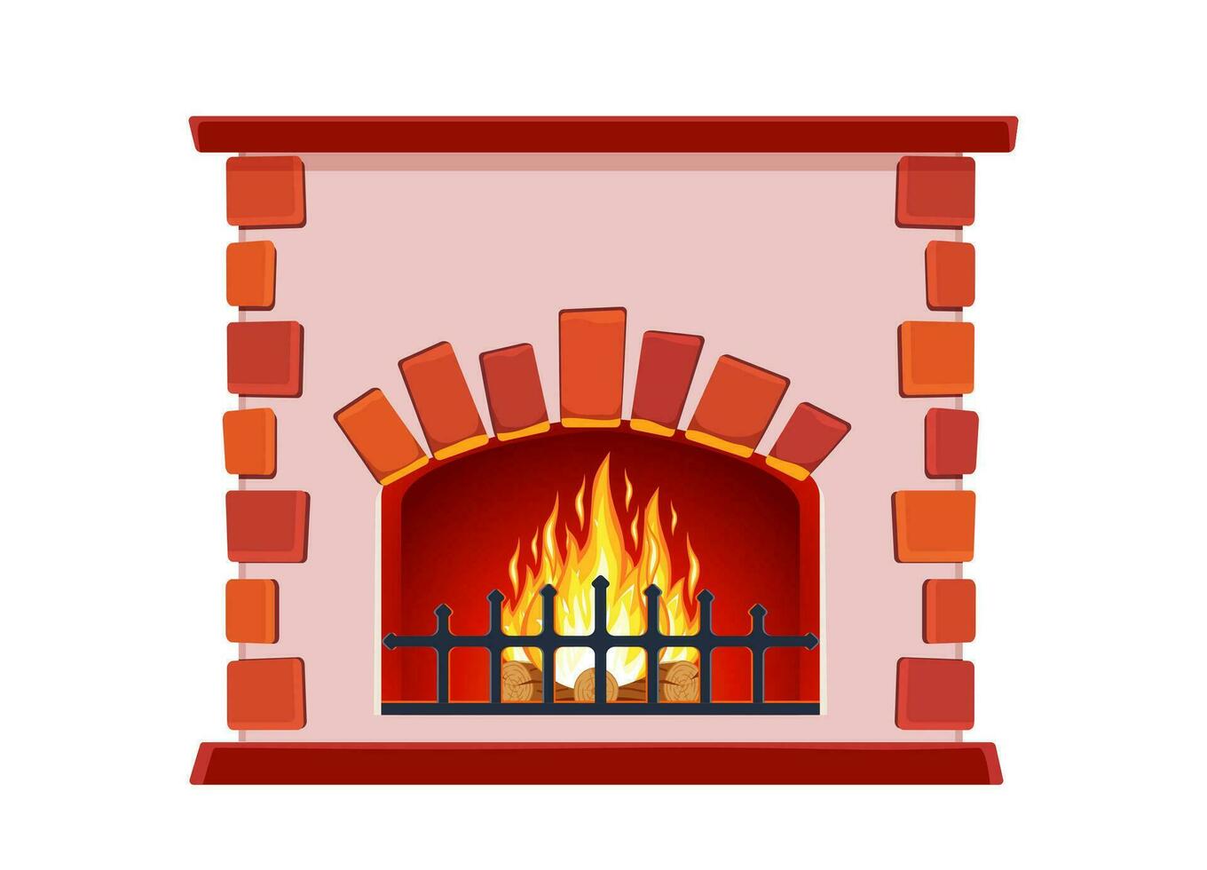 dibujos animados invierno interior hoguera. clásico hogar hecho de rojo ladrillos, brillante ardiente fuego y latente registros adentro. hogar hogar para comodidad y relajación. vector ilustración en plano estilo